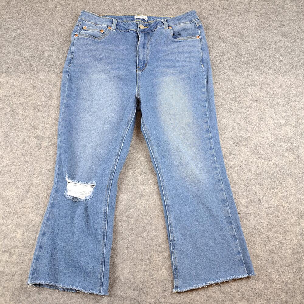 Avec Les Filles Jeans Womens 30 Blue High Rise Wide Leg Crop Raw Hem Distressed
